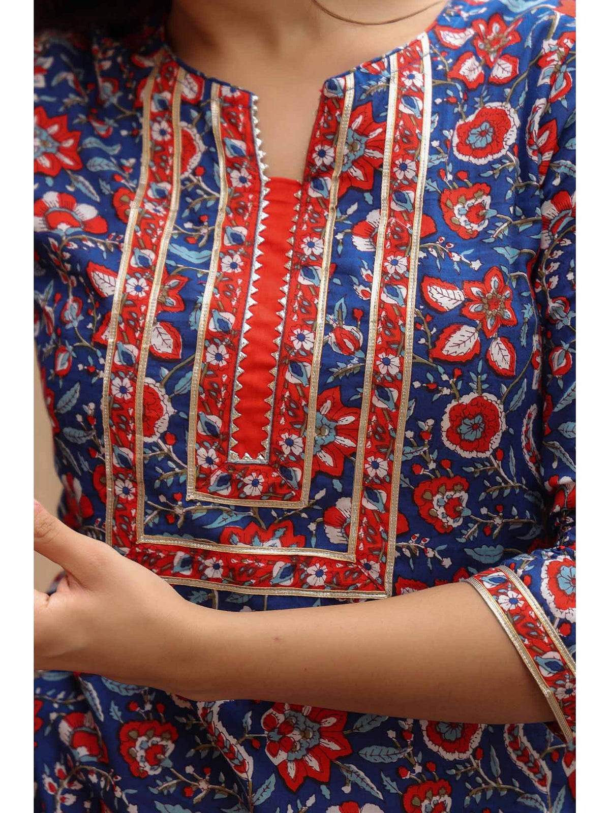 Women Navy Blue Floral Printed Pure Cotton Straight Kurta | KDG - view 2