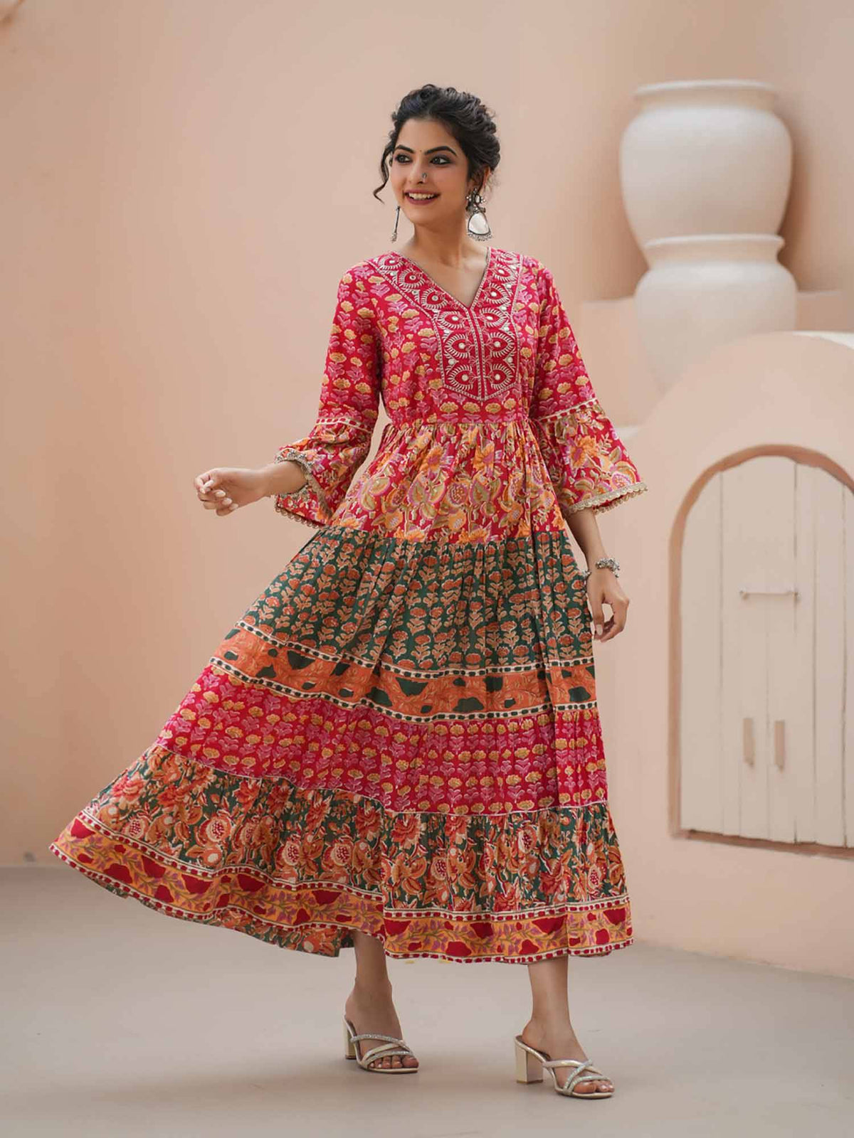 Women Red Floral Print Embroidered Flared Kurta | U3S - view 1