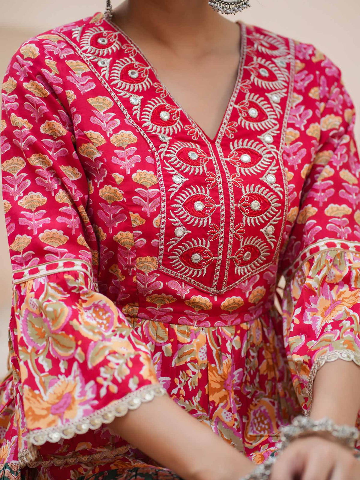 Women Red Floral Print Embroidered Flared Kurta | U3S - view 2