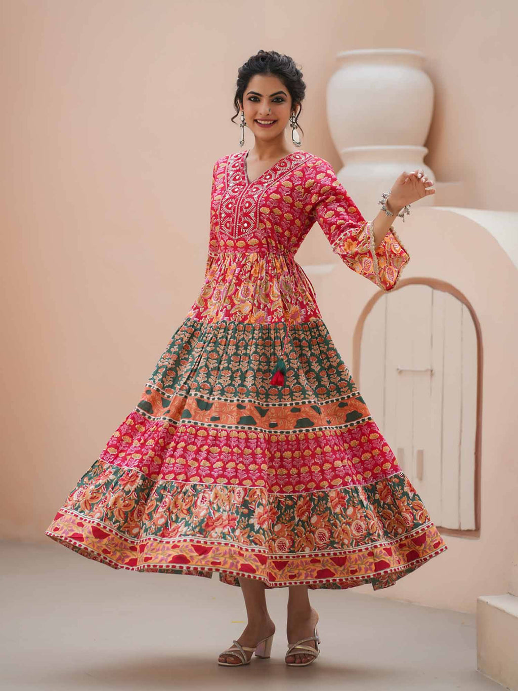 Women Red Floral Print Embroidered Flared Kurta | U3S - view 3