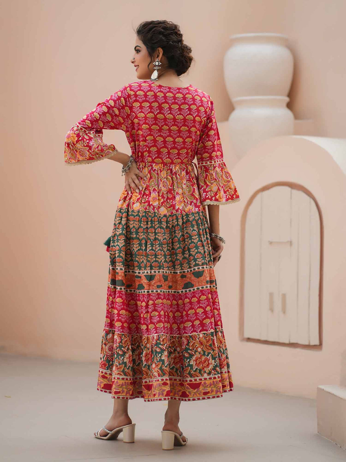 Women Red Floral Print Embroidered Flared Kurta | U3S - view 4