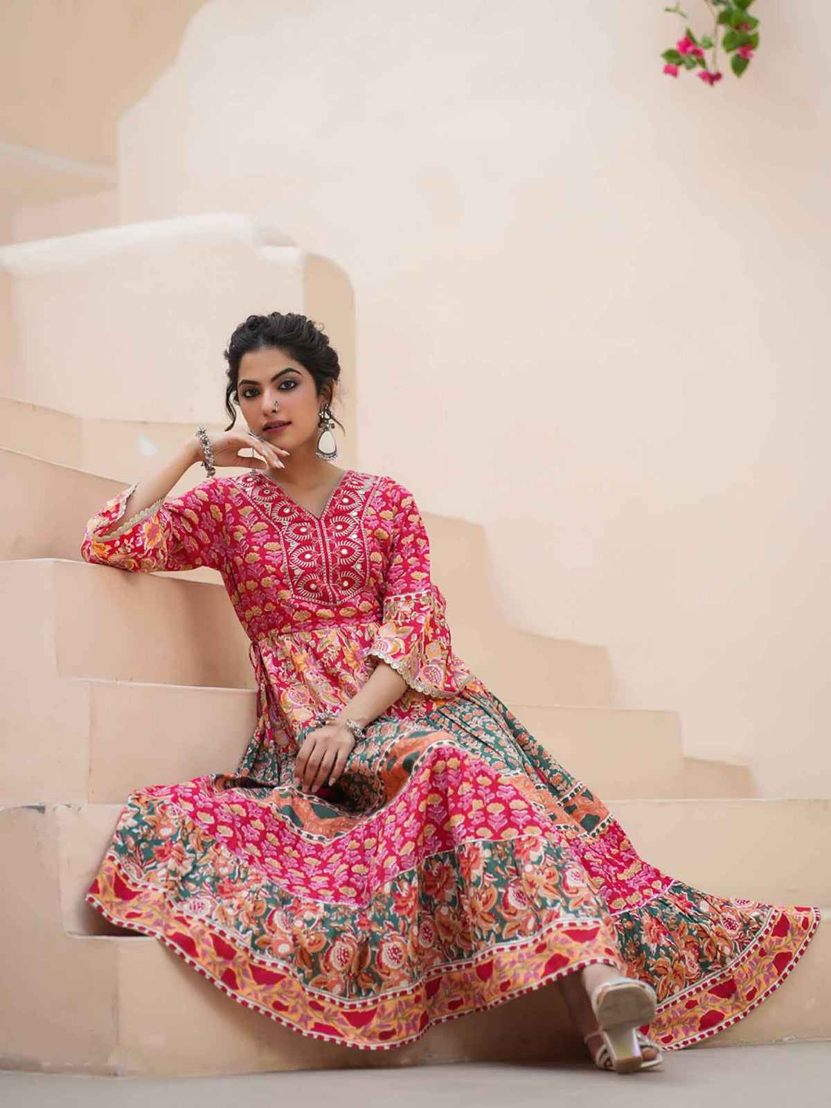 Women Red Floral Print Embroidered Flared Kurta | U3S - view 5