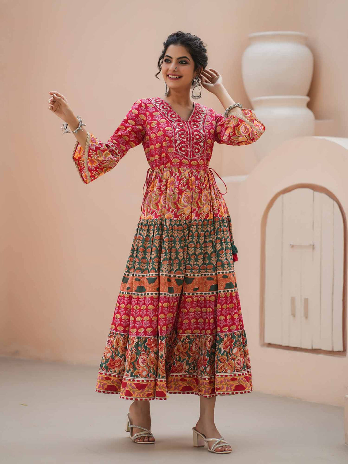 Women Red Floral Print Embroidered Flared Kurta | U3S - view 6