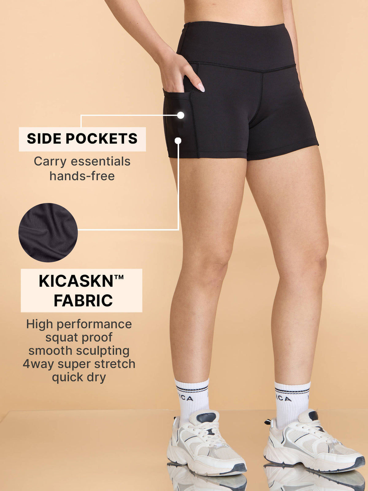 High-Waist 3.5" Workout KICASKN™ Booty Shorts With Pockets For Gym & Running KIC403 Black - view 3