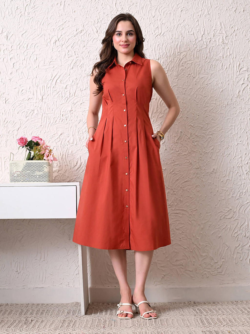 Women Rust Solid Shirt Style Midi Dress | D56 - view 1