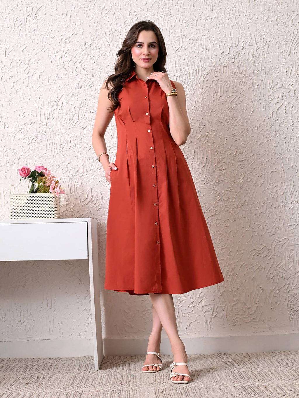 Women Rust Solid Shirt Style Midi Dress | D56 - view 2