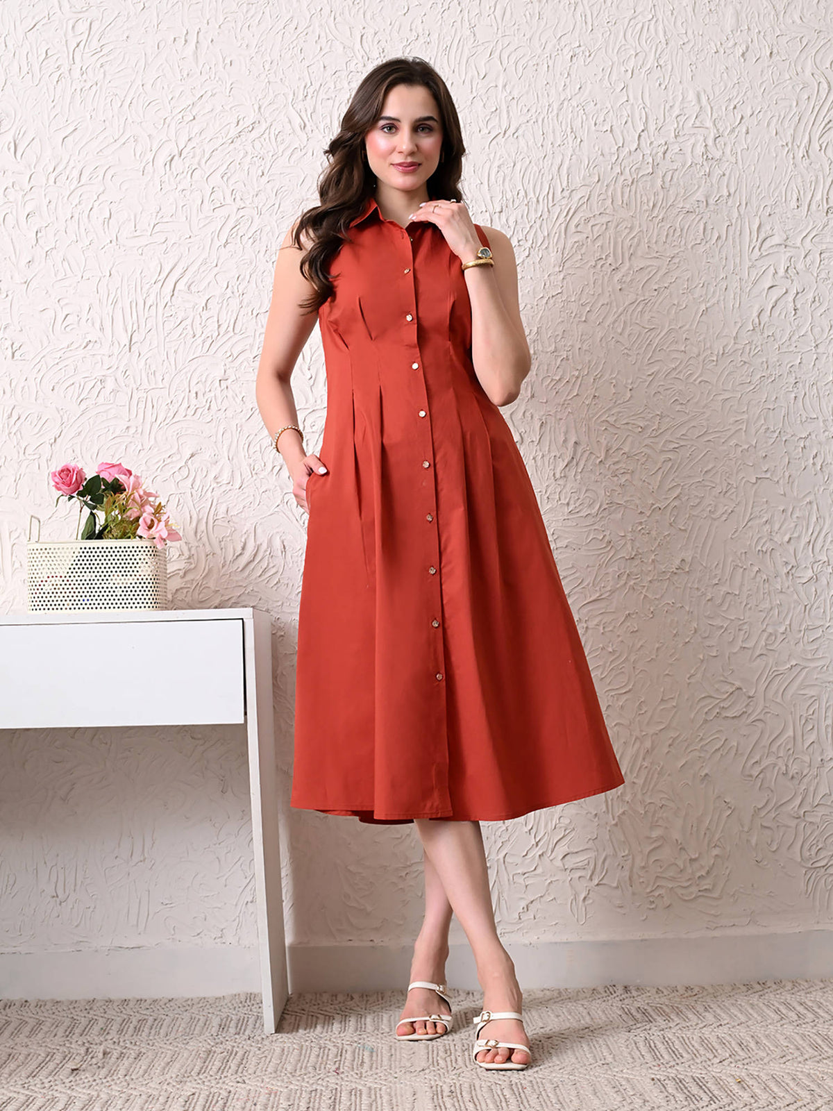 Women Rust Solid Shirt Style Midi Dress | D56 - view 2