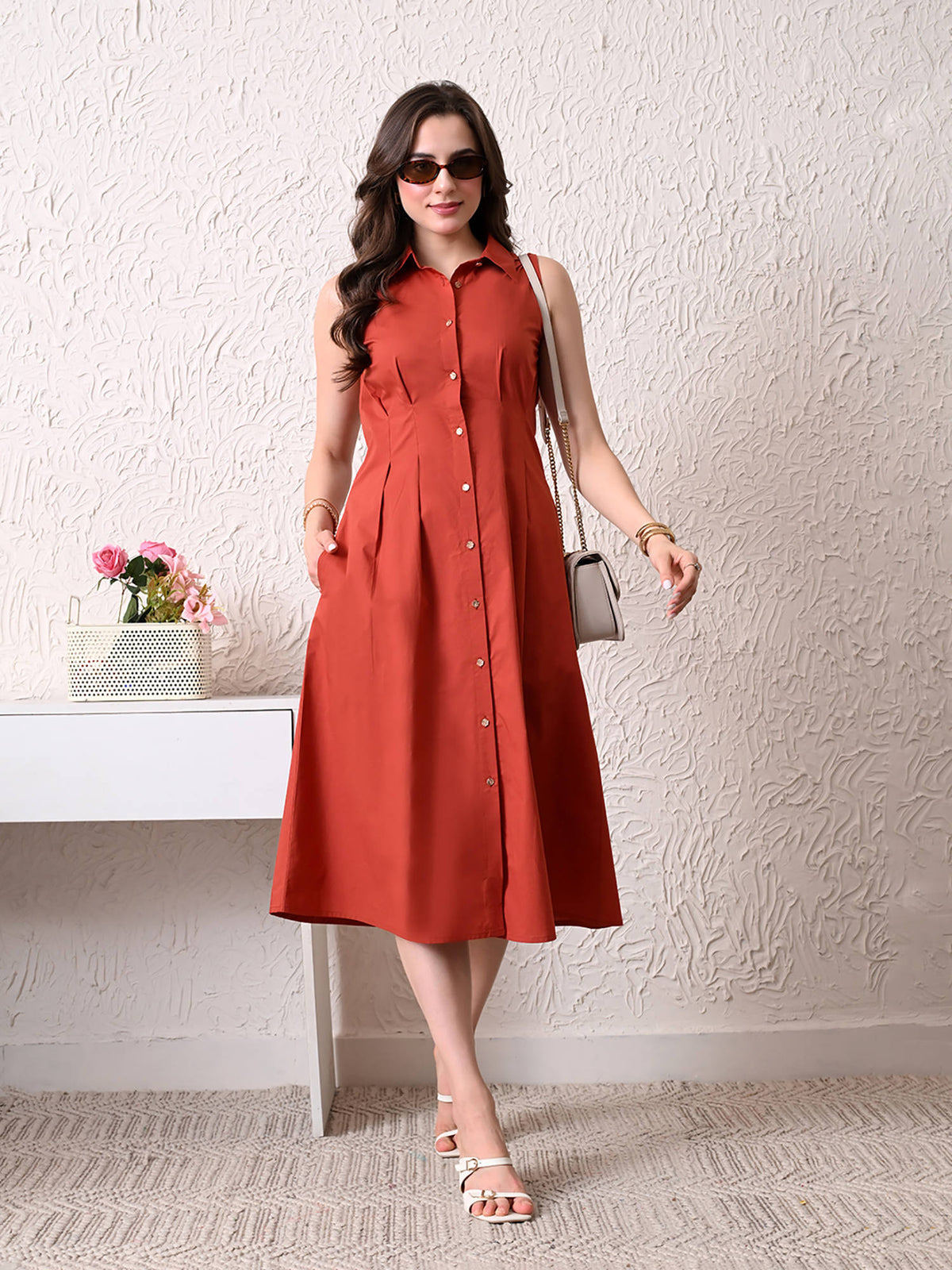 Women Rust Solid Shirt Style Midi Dress | D56 - view 3