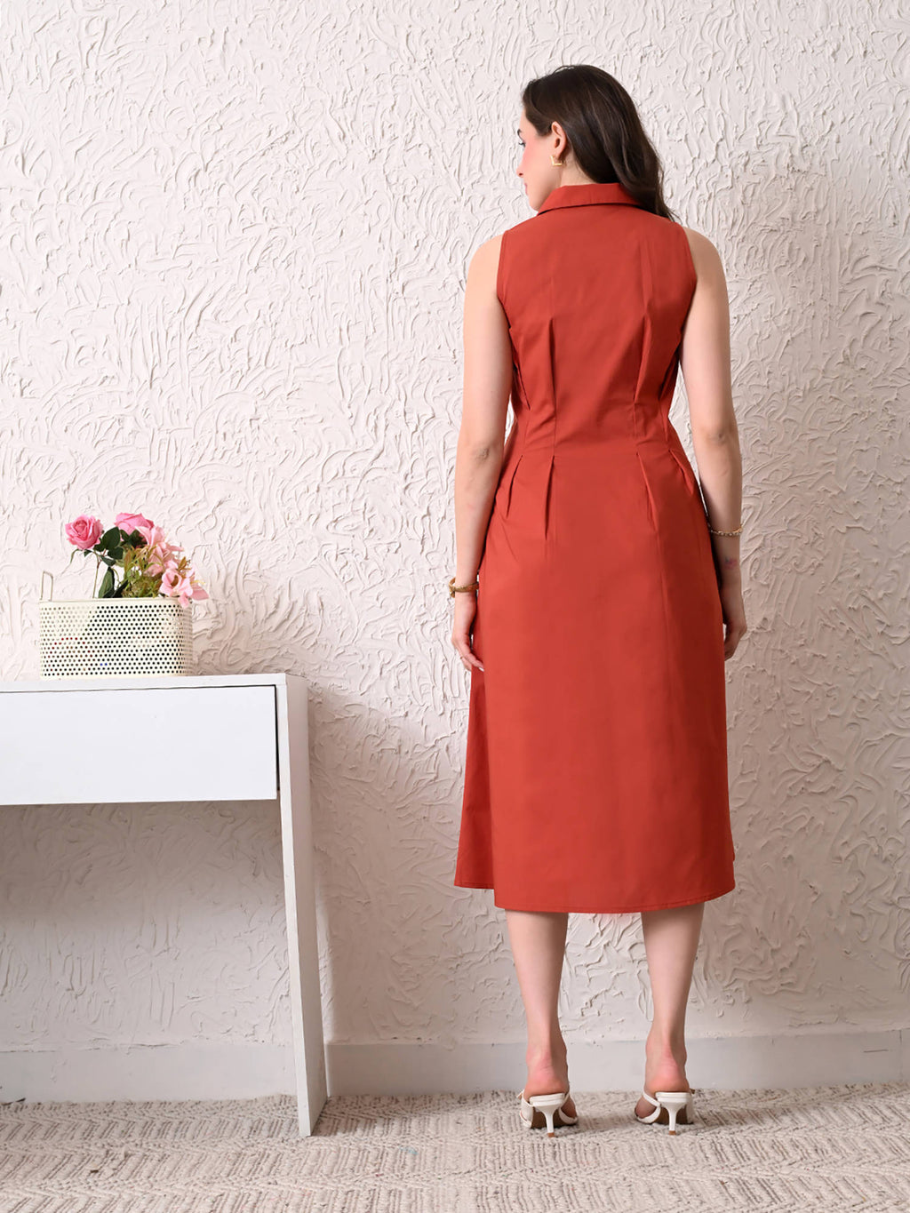 Women Rust Solid Shirt Style Midi Dress | D56 - view 4