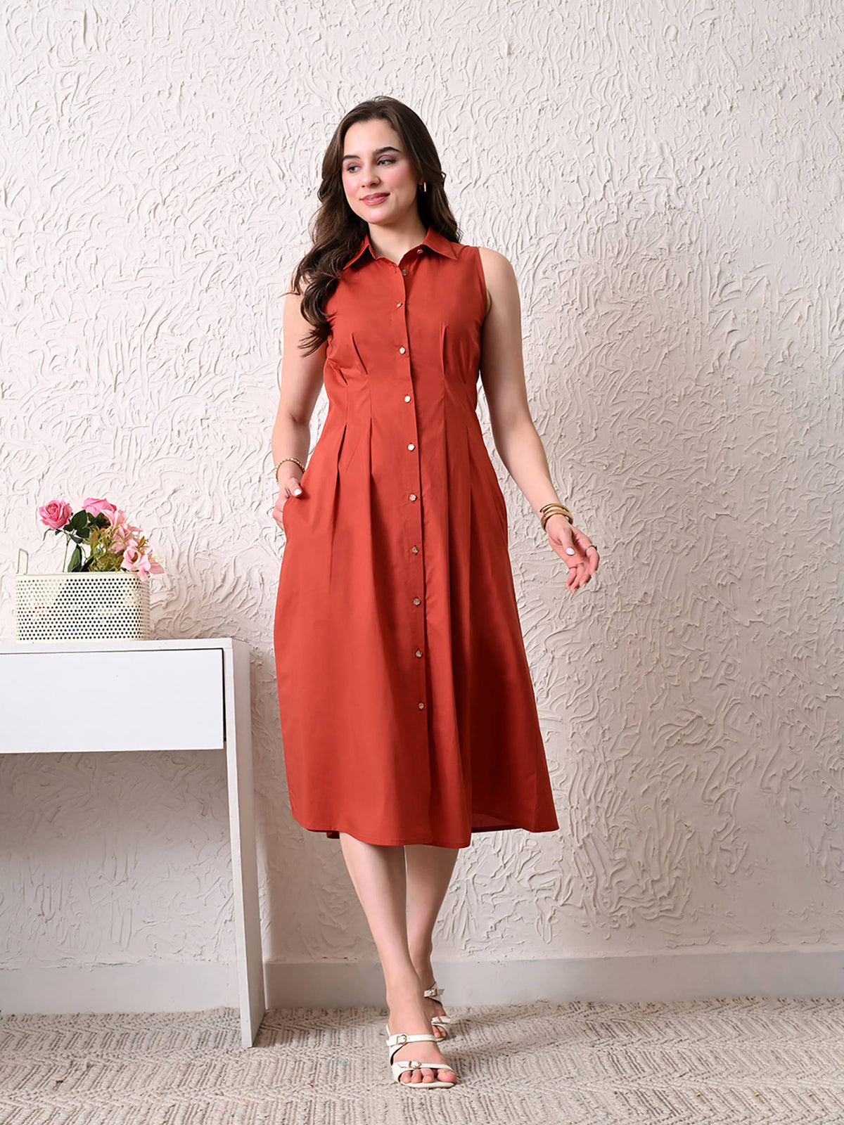 Women Rust Solid Shirt Style Midi Dress | D56 - view 6
