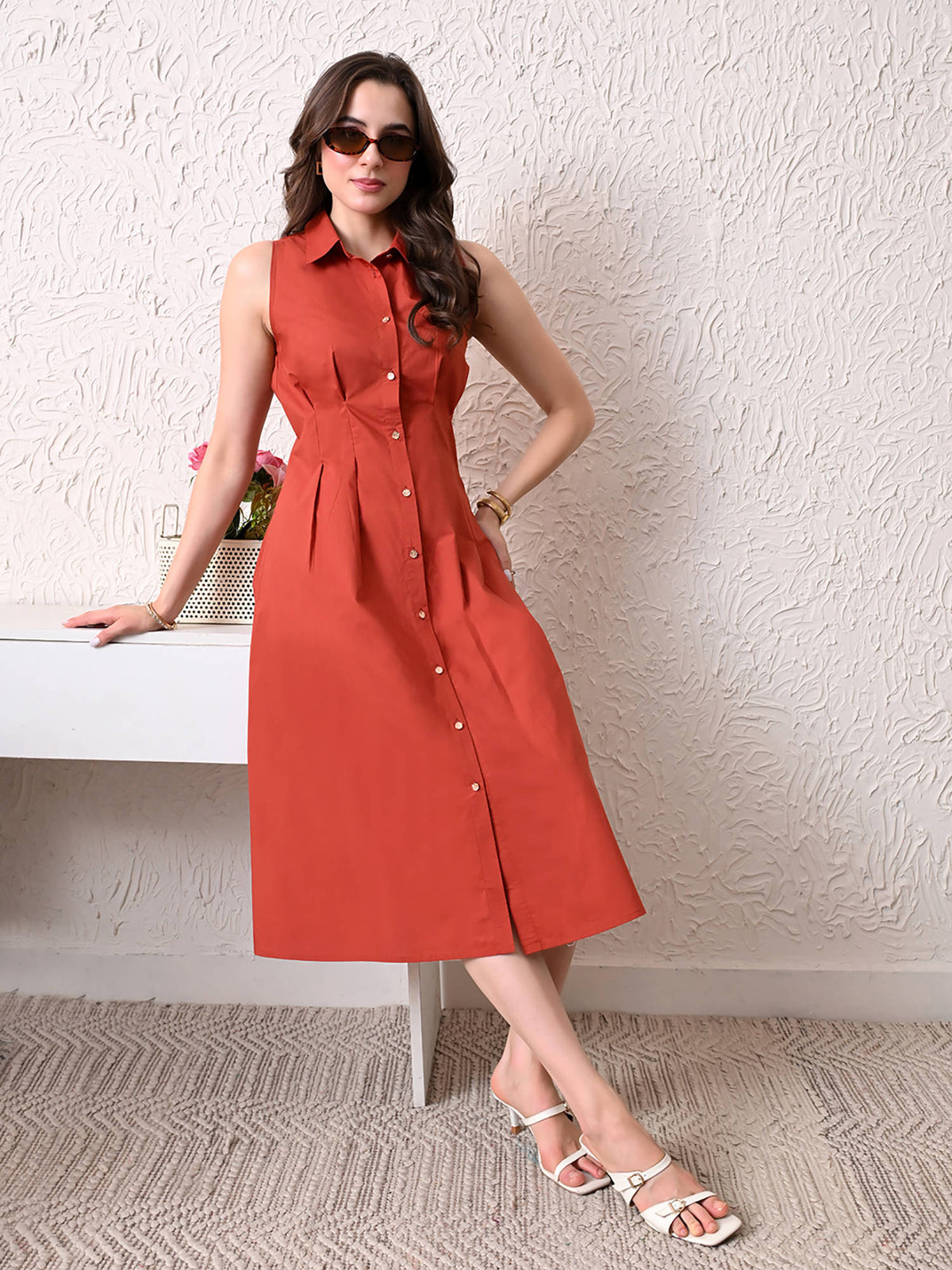 Women Rust Solid Shirt Style Midi Dress | D56 - view 7
