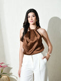 Women Brown Solid Satin Halter Neck Top | HT67 - view 1