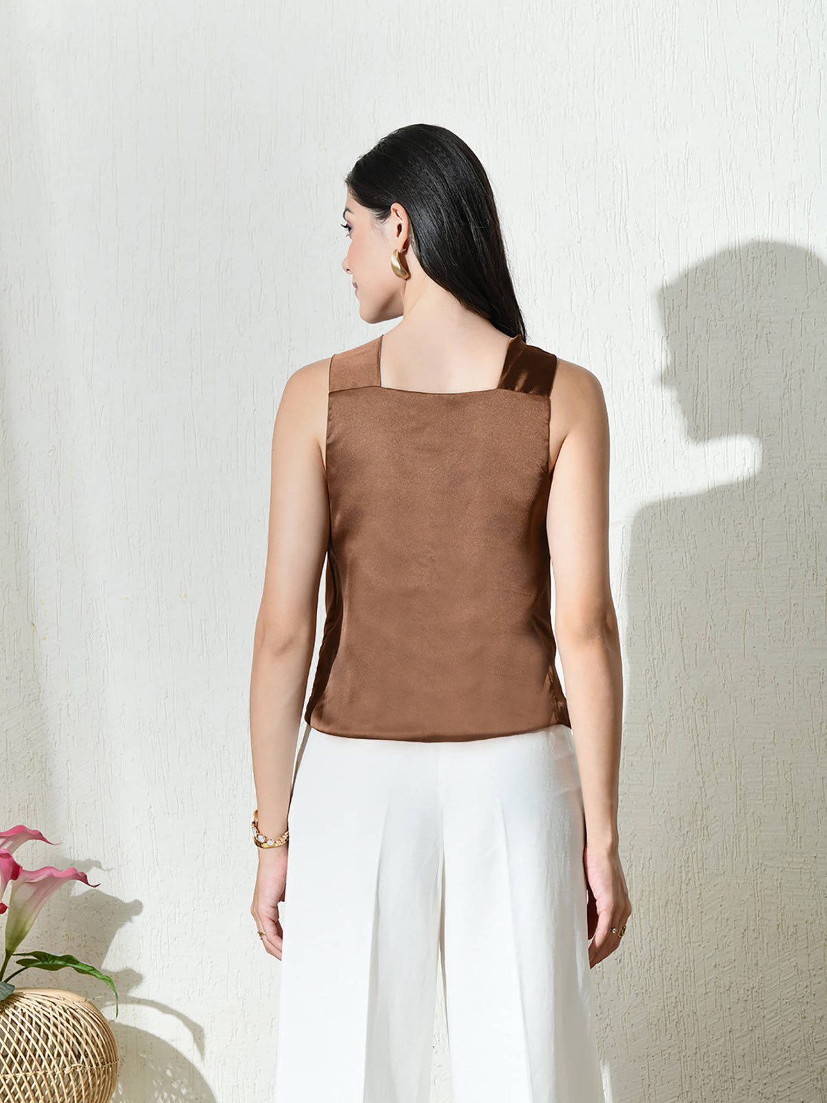 Women Brown Solid Satin Halter Neck Top | HT67 - view 3