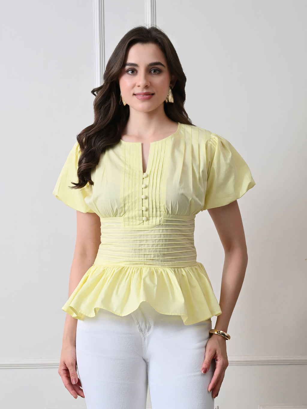 Women Yellow Solid Pintuck Peplum Top | pt51 - view 1