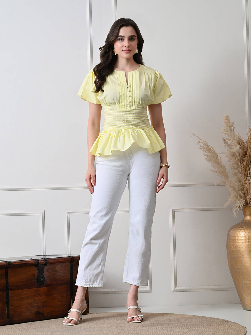 Women Yellow Solid Pintuck Peplum Top | pt51 - view 2