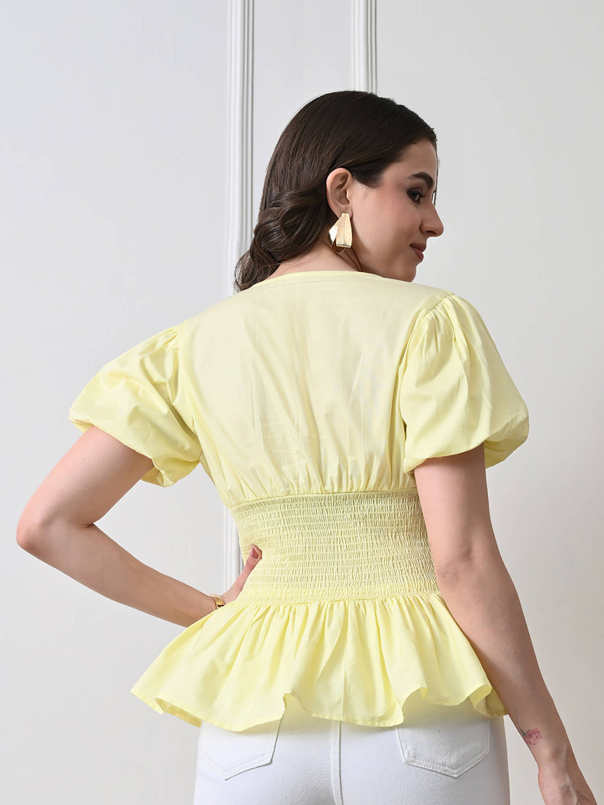 Women Yellow Solid Pintuck Peplum Top | pt51 - view 4