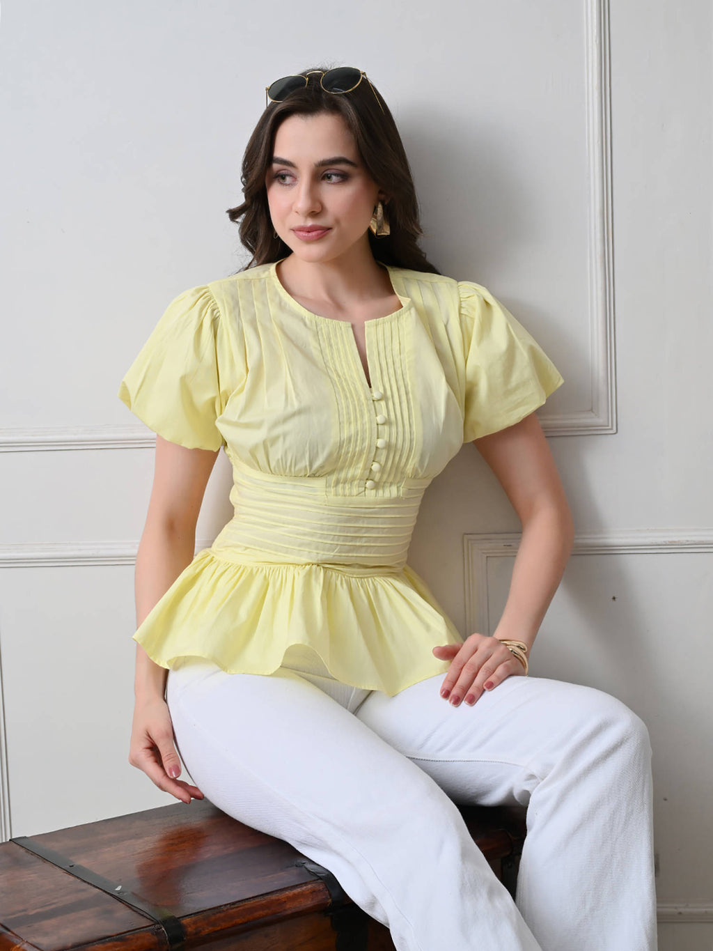 Women Yellow Solid Pintuck Peplum Top | pt51 - view 7