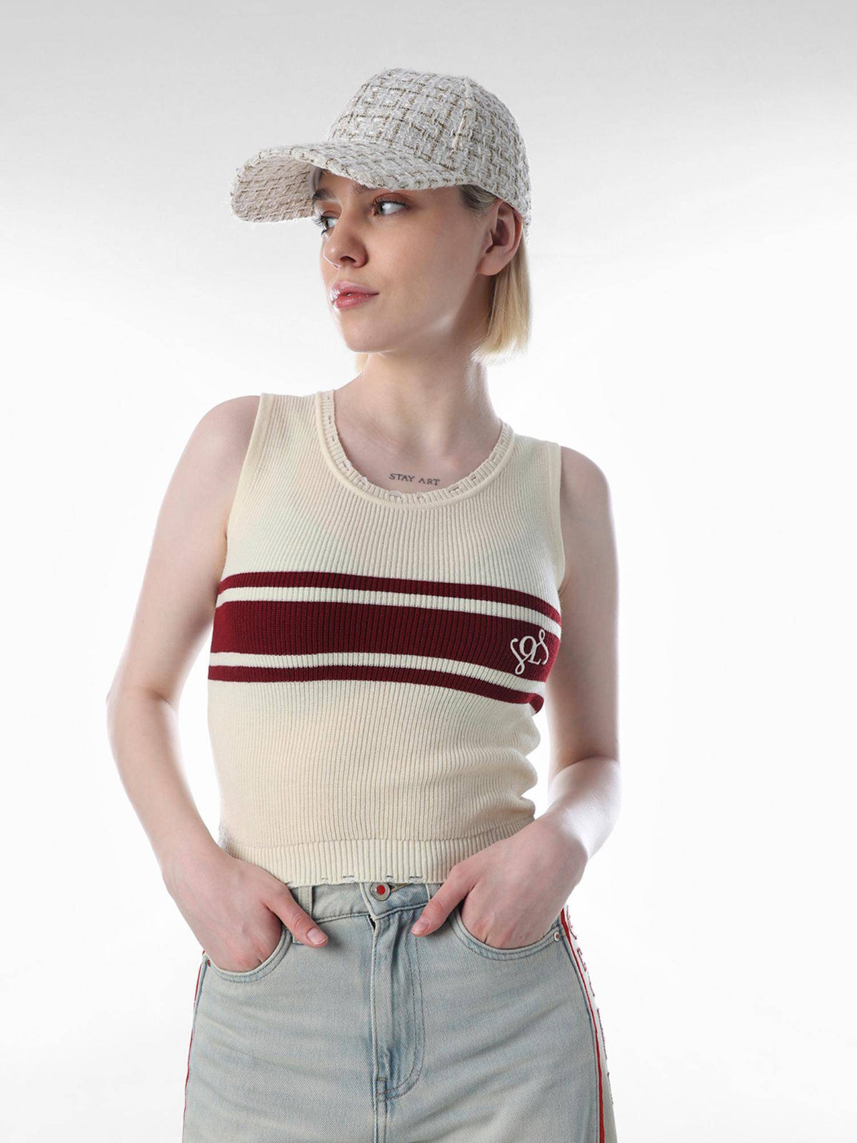Womens Striped Slim Fit Yellow Tank Top - Cream | O24 - view 1