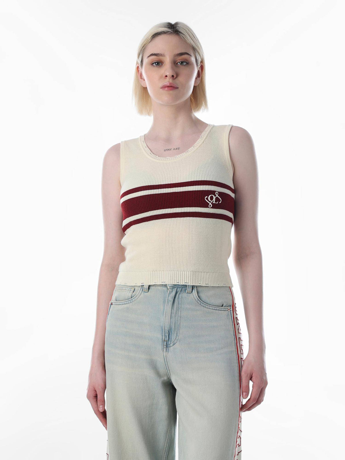 Womens Striped Slim Fit Yellow Tank Top - Cream | O24 - view 3
