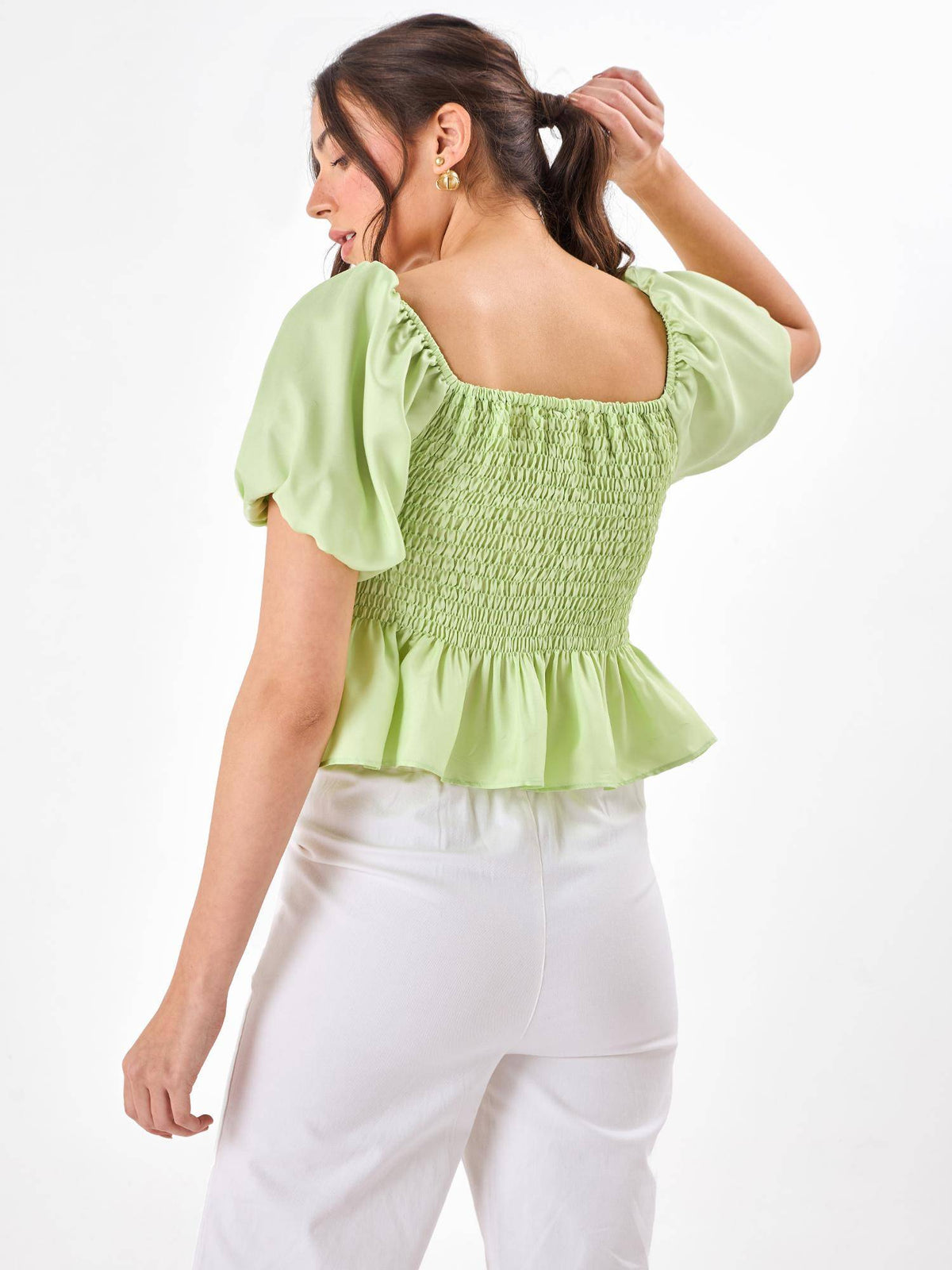 Parrot Green Satin Smocked Peplum Top with Puff Sleeves | pt51 - view 2