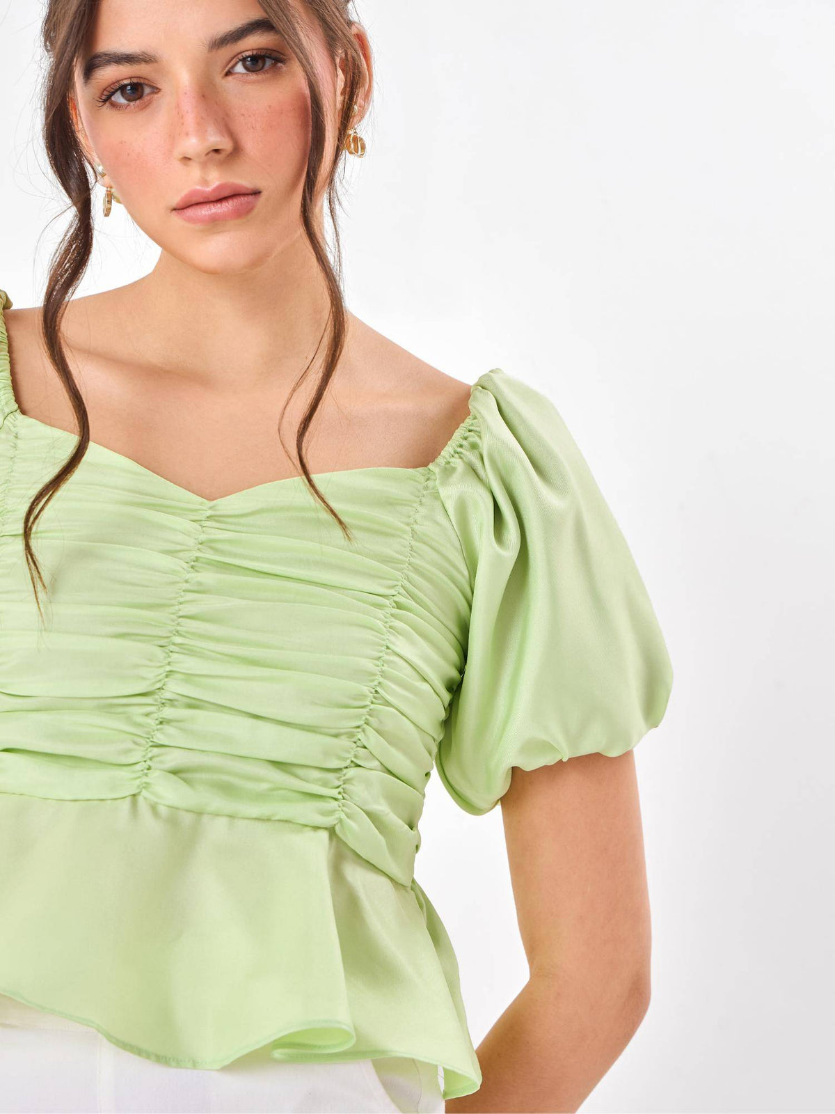 Parrot Green Satin Smocked Peplum Top with Puff Sleeves | pt51 - view 4