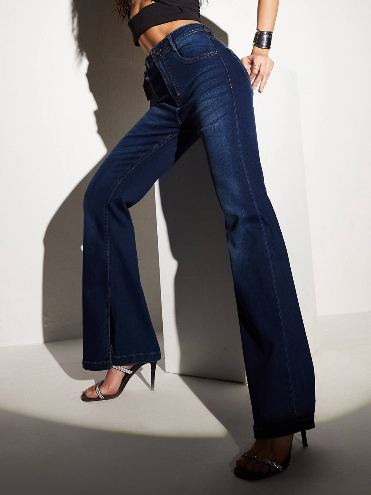 Women Blue Bootcut Mid Rise Regular Length Denim Stretchable Jeans | BT10 - view 1
