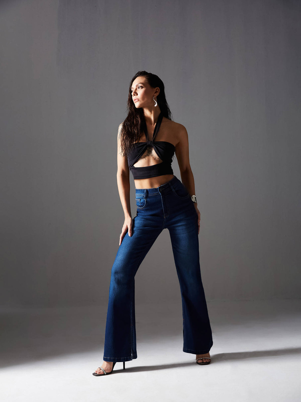 Women Blue Bootcut Mid Rise Regular Length Denim Stretchable Jeans | BT10 - view 2