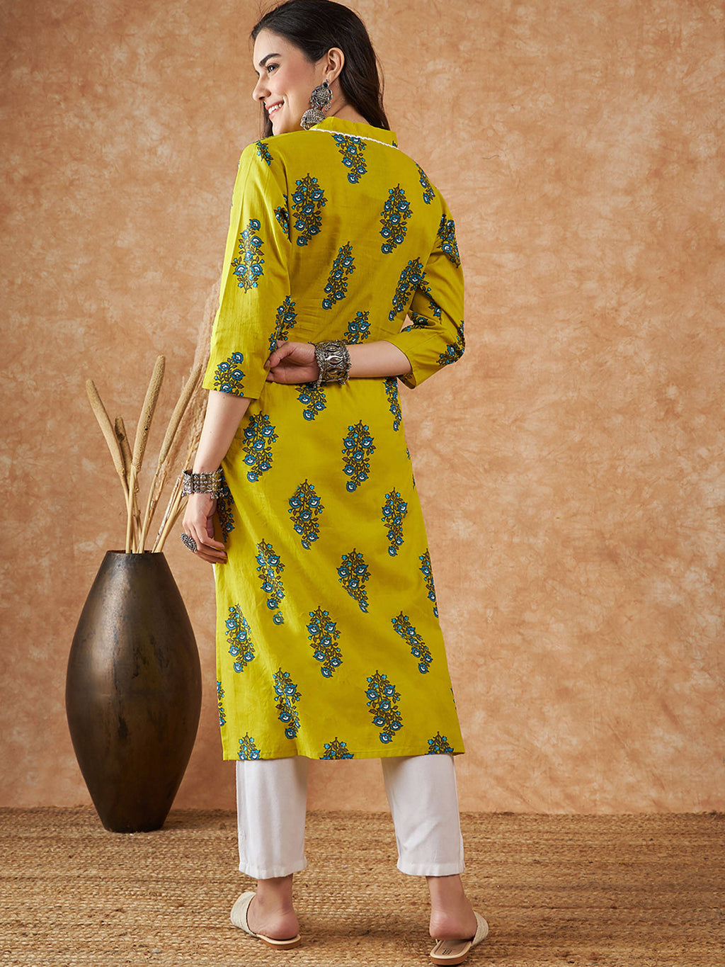 Women Mustard Floral Cotton Kurta | U3S - view 2