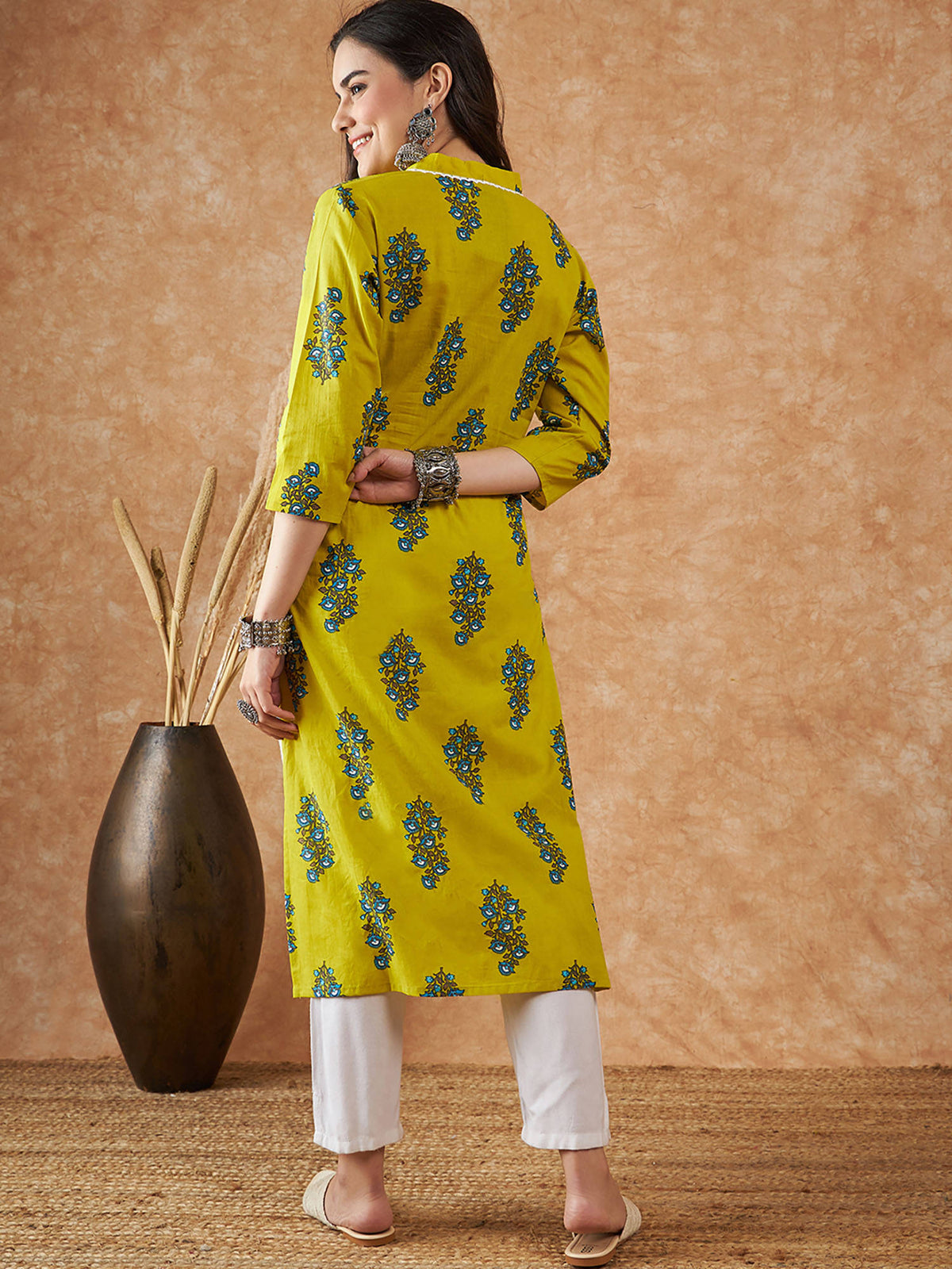 Women Mustard Floral Cotton Kurta | FY93 - view 2