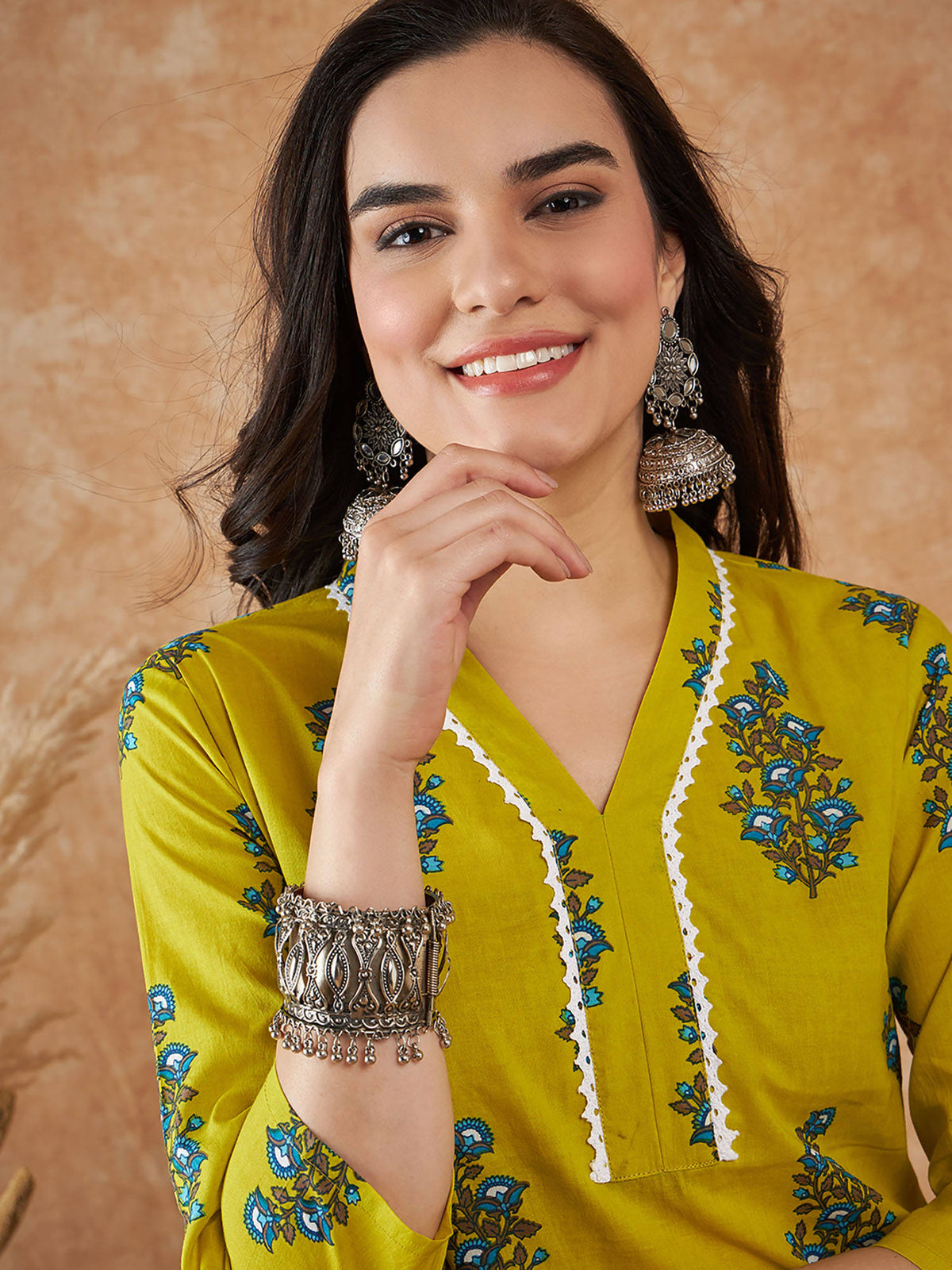 Women Mustard Floral Cotton Kurta | U3S - view 5