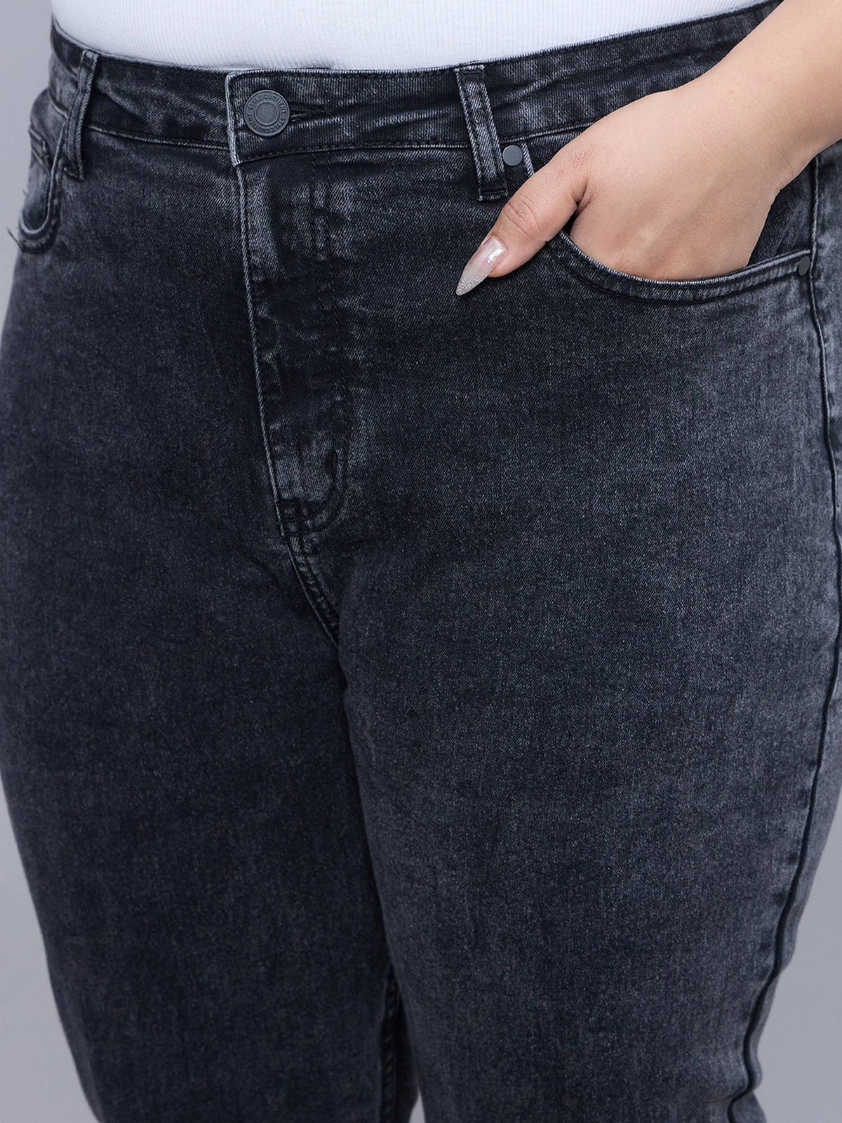 Plus Size Black Wide Leg High-Rise Stretchable Jeans | WL90 - view 3