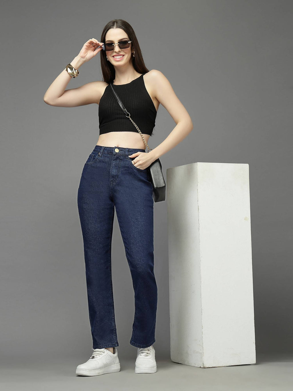 Dark Blue Straight Fit High-Rise Stretchable Jeans | ST23 - view 5