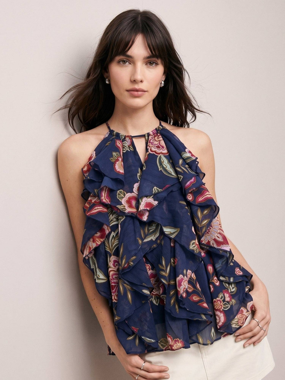 Navy Blue Halter Neck Ruffles Flared Printed Top | HT67 - view 1