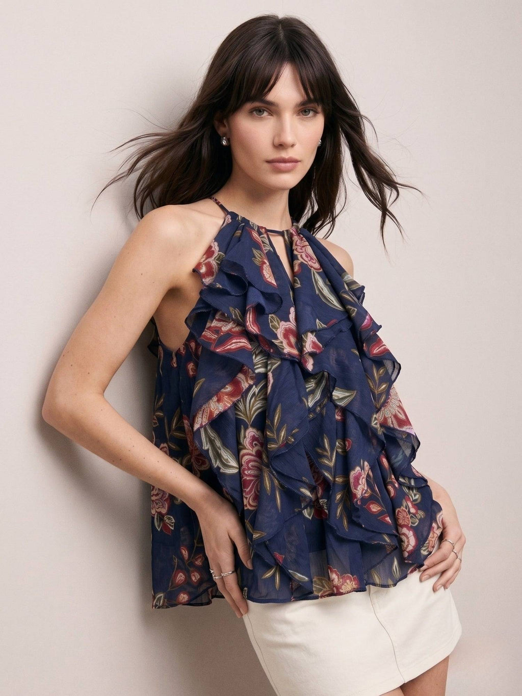 Navy Blue Halter Neck Ruffles Flared Printed Top | HT67 - view 2