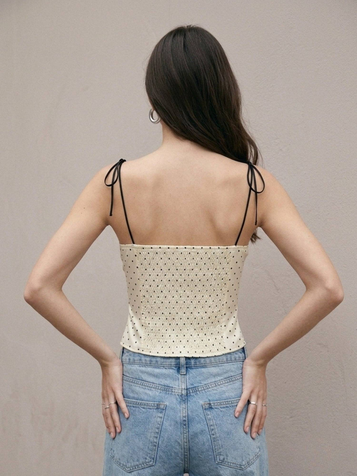 White Polka Dotted Bustier Styled Crop Top With Tie Up Straps | CT61 - view 4
