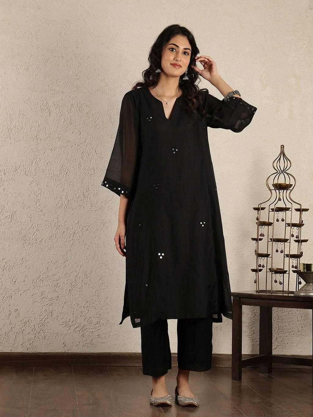 Black Chanderi Mirrorwork Kurta | KDG - view 1