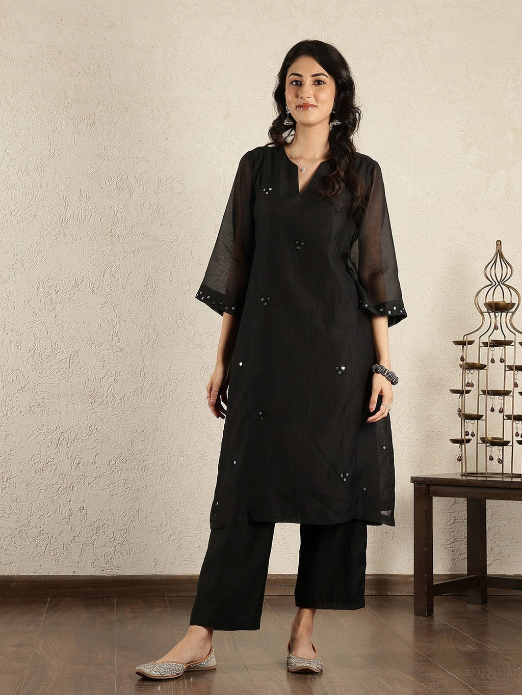 Black Chanderi Mirrorwork Kurta | KDG - view 2