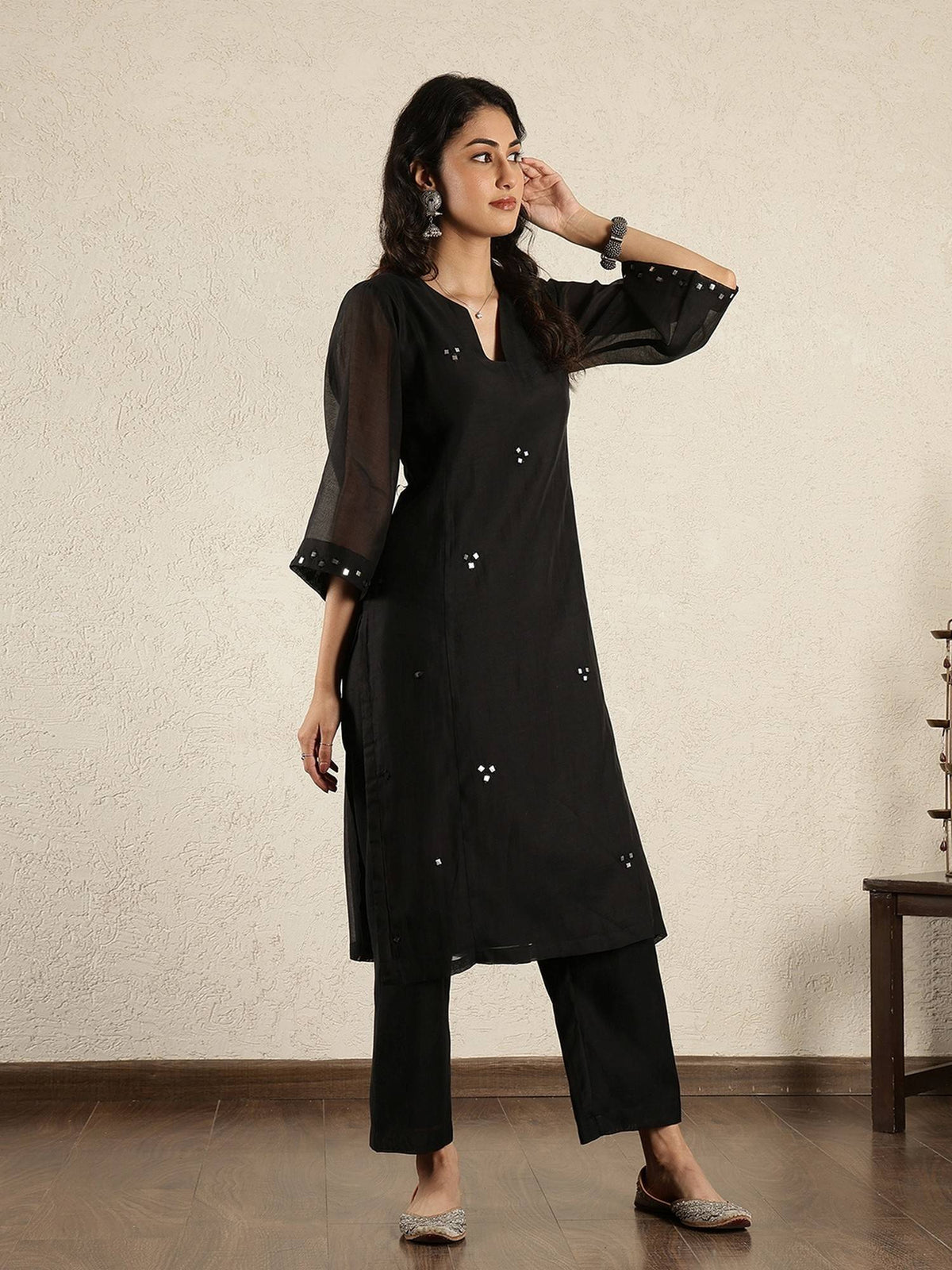 Black Chanderi Mirrorwork Kurta | KDG - view 3