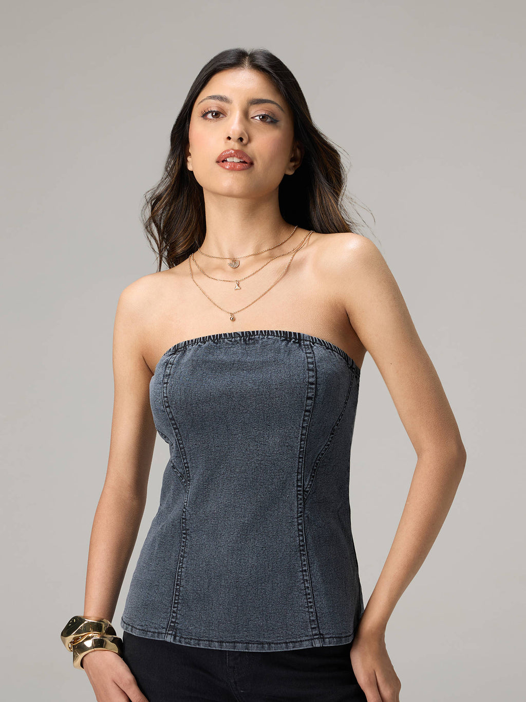 Charcoal Denim Fitted Tube Top | TT90 - view 1