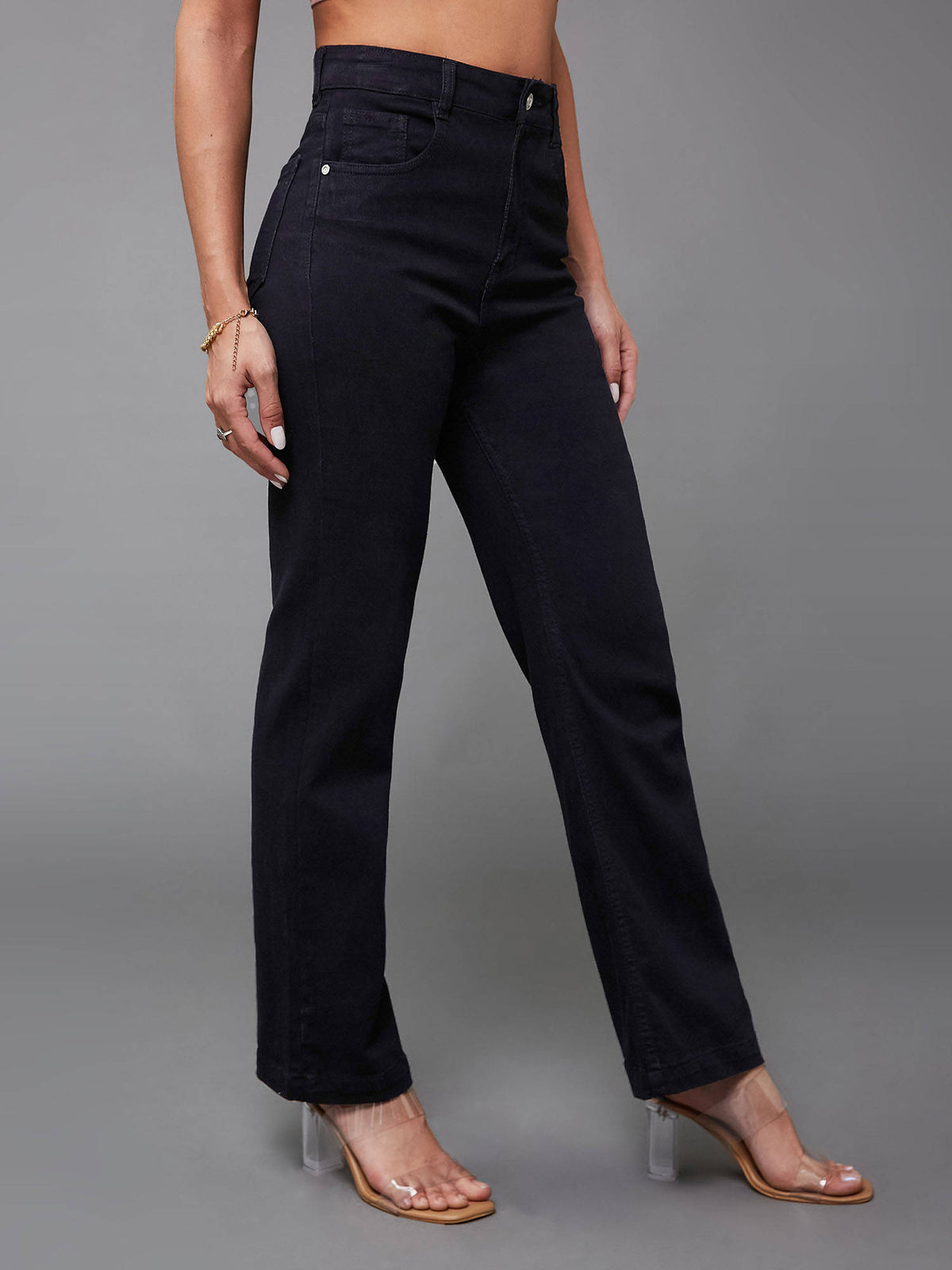 Women Black Solid Regular Fit Jeans | ST23 - view 2