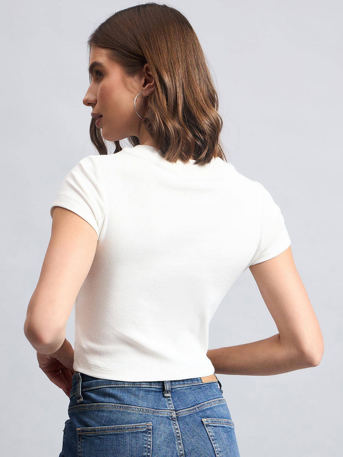 Women Round Neck Cut-Out Fitted Crop Top | CT61 - view 2