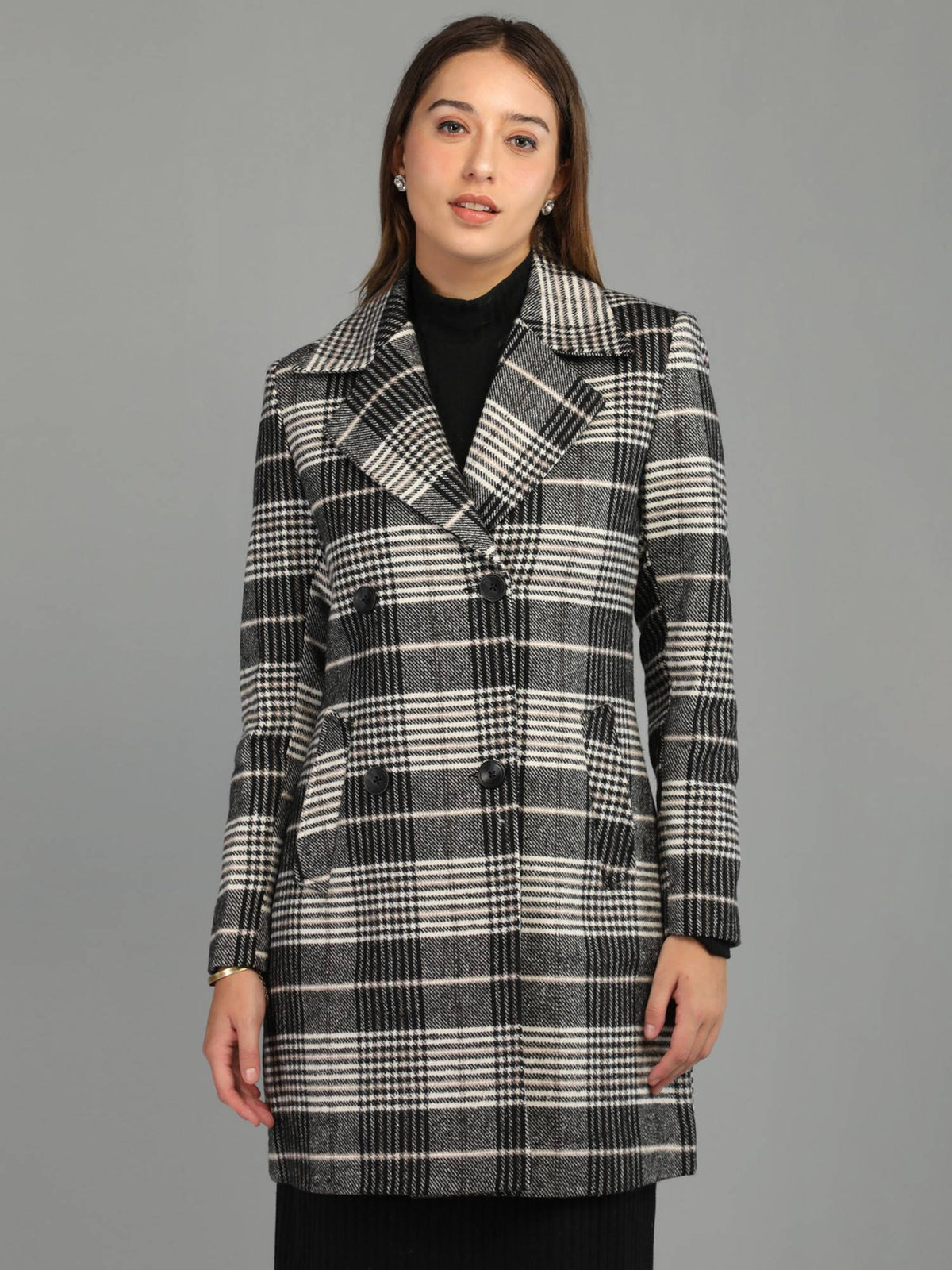 Women's Checks Regular Fit Double Breasted Black Winter Coat | JC78 - view 1
