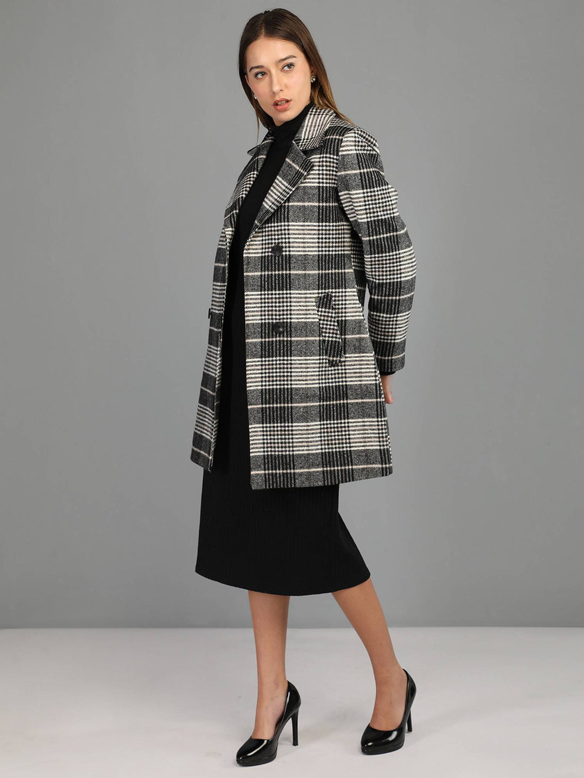 Women's Checks Regular Fit Double Breasted Black Winter Coat | JC78 - view 2