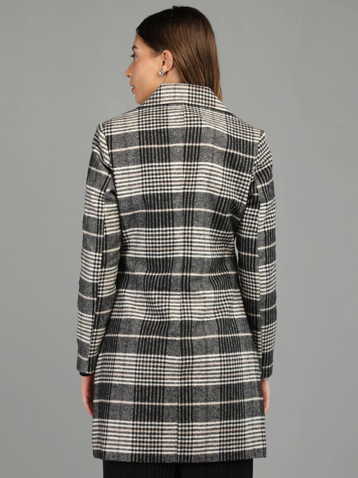 Women's Checks Regular Fit Double Breasted Black Winter Coat | JC78 - view 3