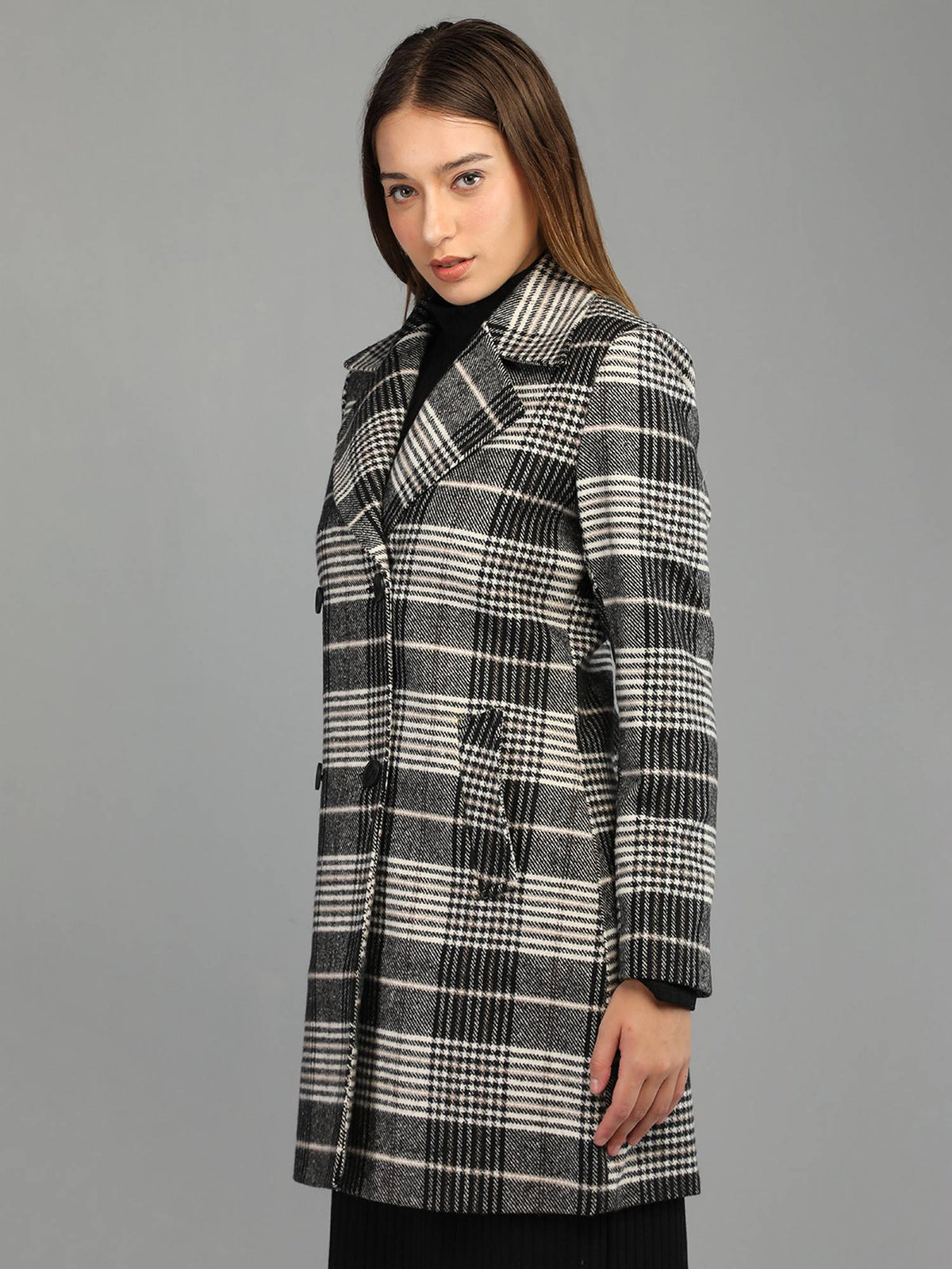 Women's Checks Regular Fit Double Breasted Black Winter Coat | JC78 - view 4