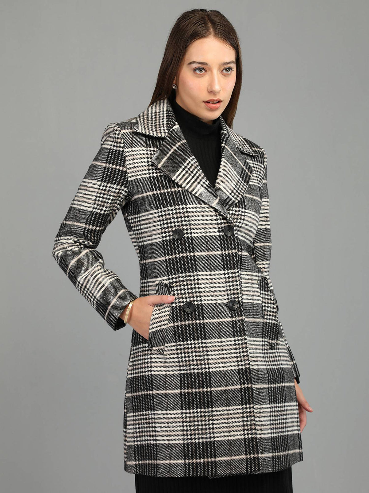 Women's Checks Regular Fit Double Breasted Black Winter Coat | JC78 - view 5