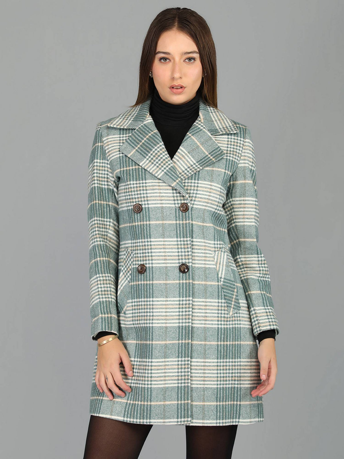 Women's Checks Regular Fit Double Breasted Black Winter Coat | JC78 - view 7