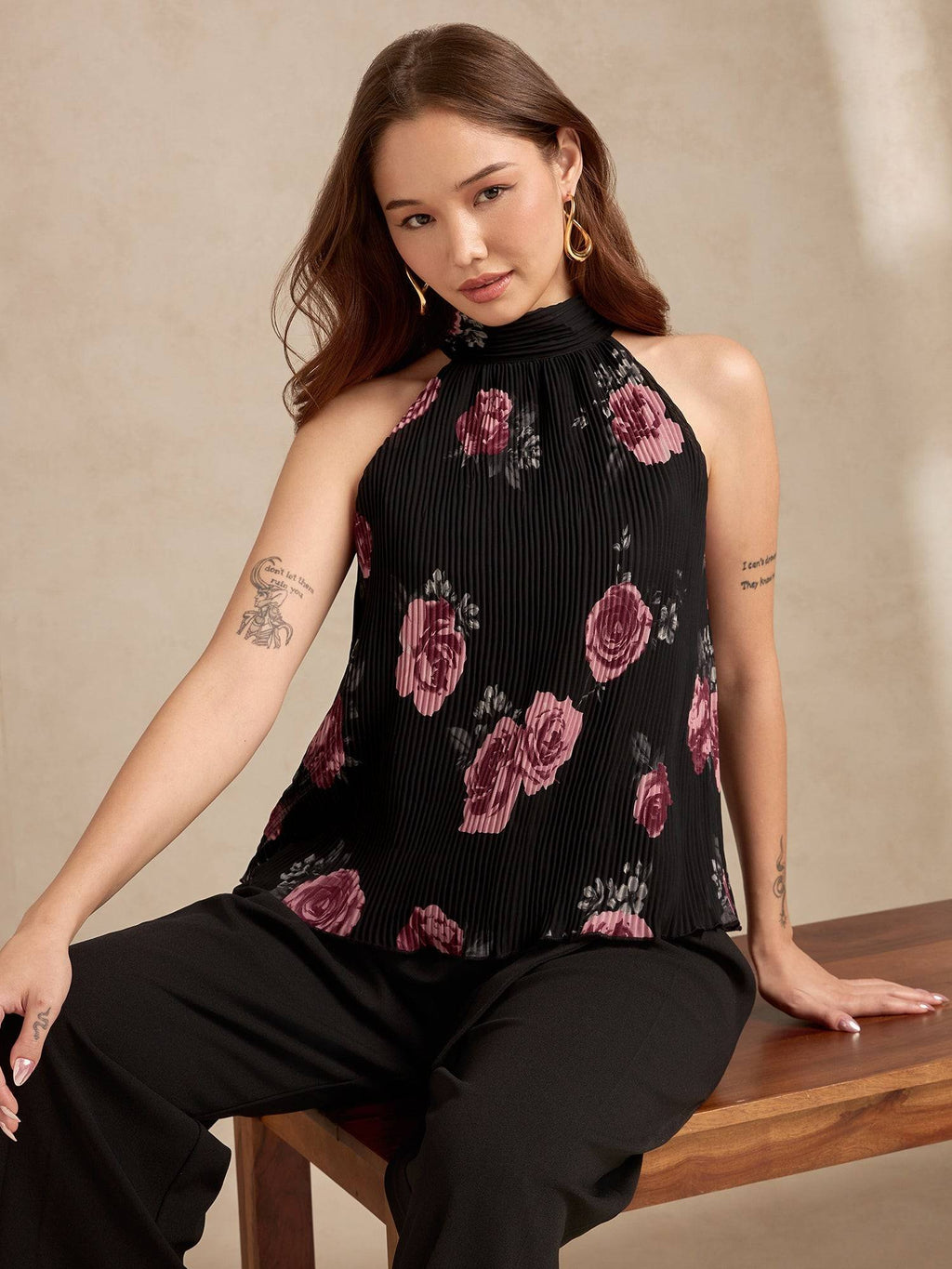 Black Halter Neck Plisse Flared Printed Top | HT67 - view 1