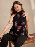 Black Halter Neck Plisse Flared Printed Top | HT67 - view 1