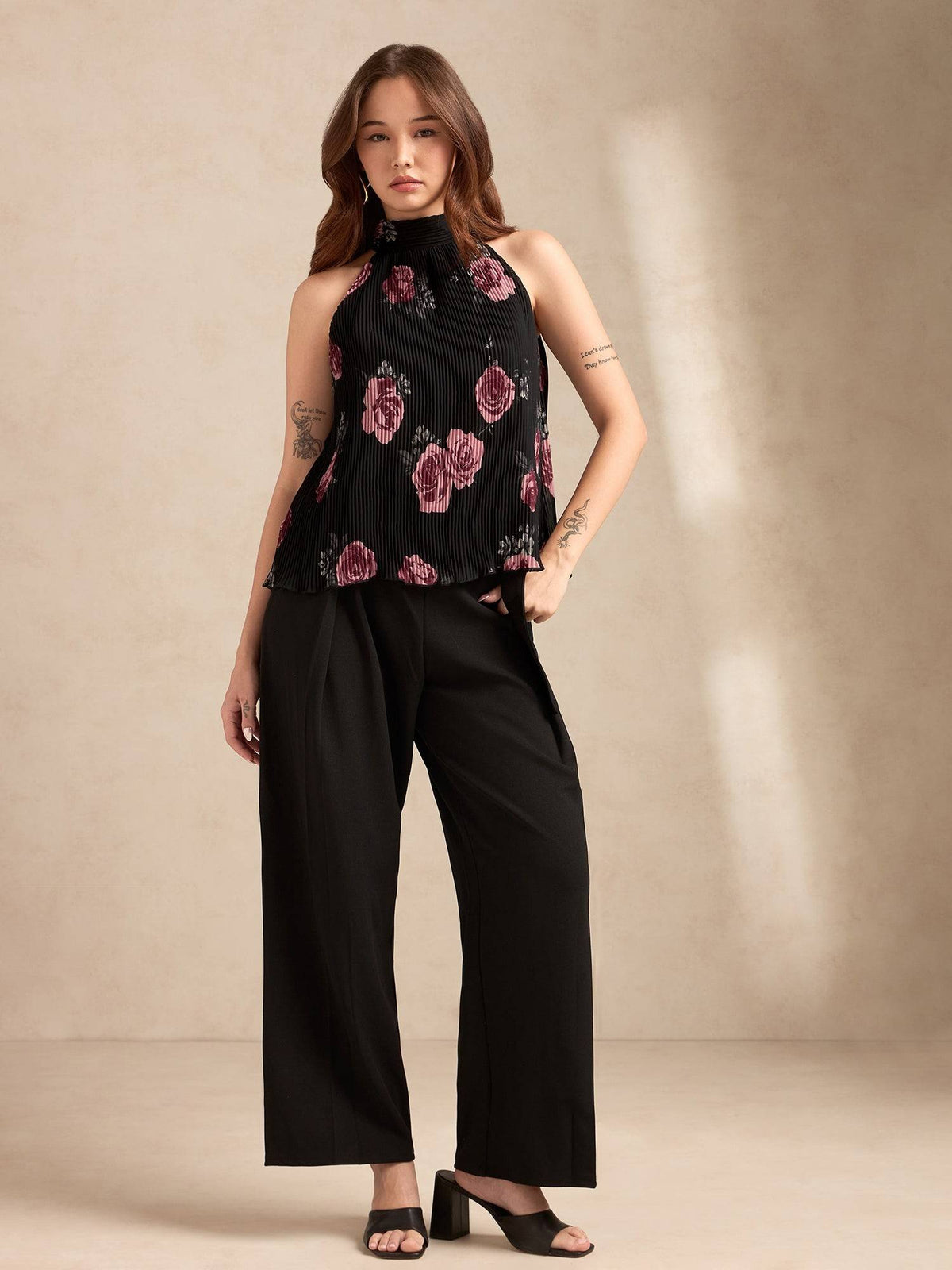 Black Halter Neck Plisse Flared Printed Top | HT67 - view 3